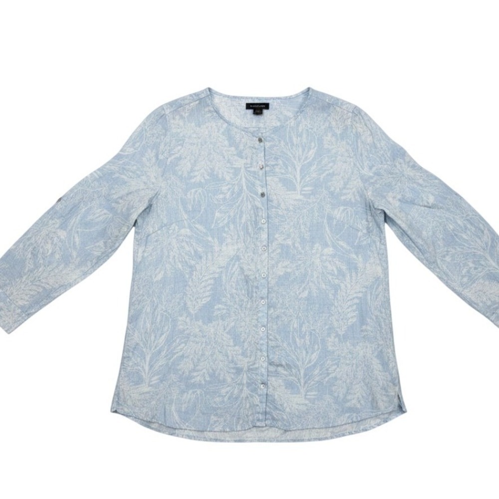 Tahari Women 1X 100% Linen‎ Top Light Blue White Botanical Print Cottage Boho